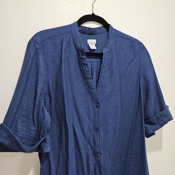 Chico's Size 2 | Large Button Front Shirt Dress Blue Rayon Linen Blend - Picture 6 of 13